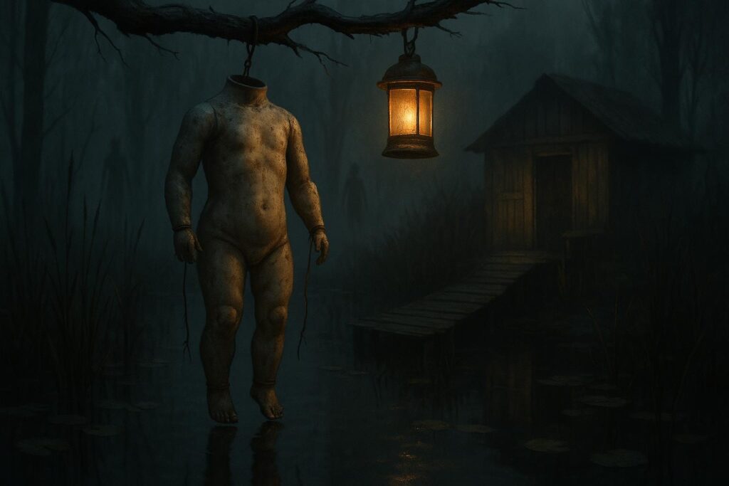 La cronología real de la Isla de las Muñecas de Xochimilco 4 Brazo de plástico agrietado colgando de una rama sobre un canal oscuro en la isla munecas xochimilco