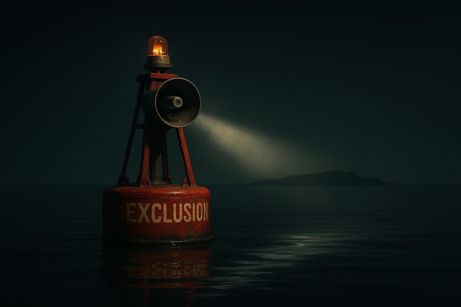 Club Curioso — Probamos lo improbable 12 Boya metálica con luz roja en el mar oscuro y niebla, halo circular tenue, costa baja al fondo en las islas prohibidas acceso