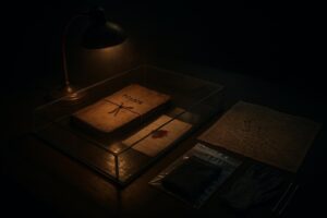 Chal oscuro bajo campana de vidrio, lámpara de gas al fondo y microscopio en sombra, posible evidencia de jack destripador