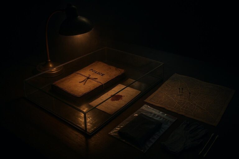 Los archivos que fijaron el perfil de Jack el Destripador 3 Chal oscuro bajo campana de vidrio, lámpara de gas al fondo y microscopio en sombra, posible evidencia de jack destripador