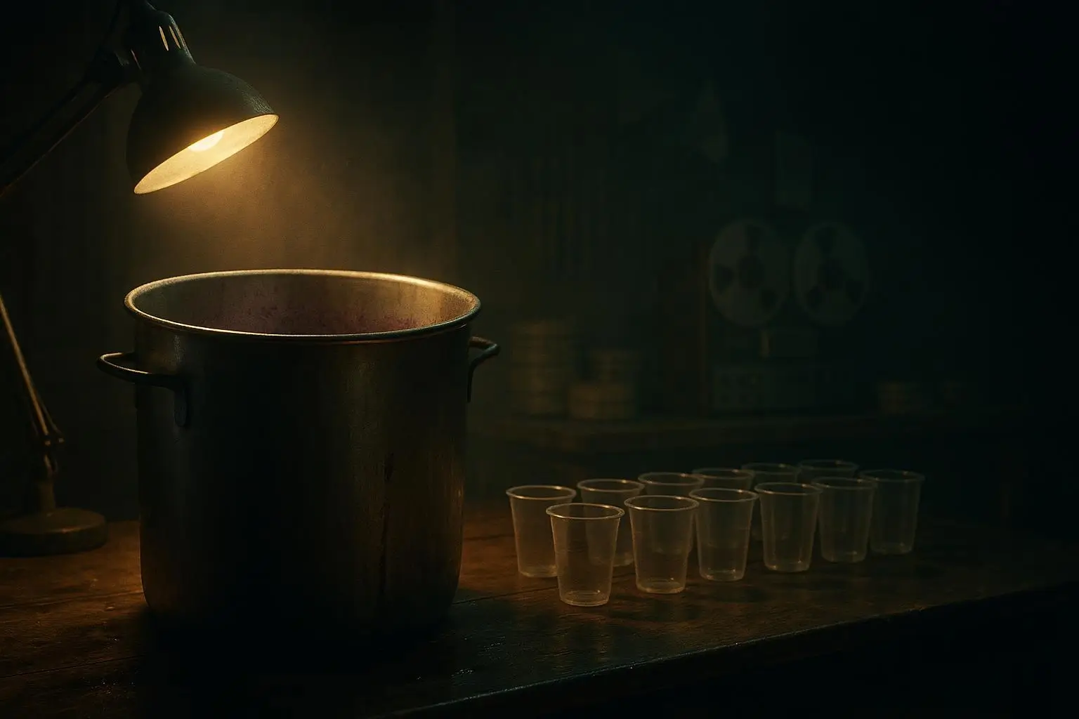 Club Curioso — Probamos lo improbable 10 Jonestown en una mesa de madera: olla de acero bajo lámpara lateral, con borde violáceo seco y fila de vasos plásticos vacíos