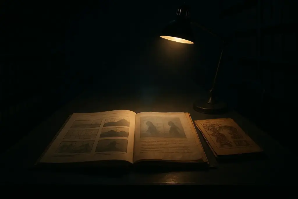La Llorona: hasta dónde llega el rastro documental del mito 6 Mesa oscura con libro abierto y cuaderno junto a lámpara sobre la llorona