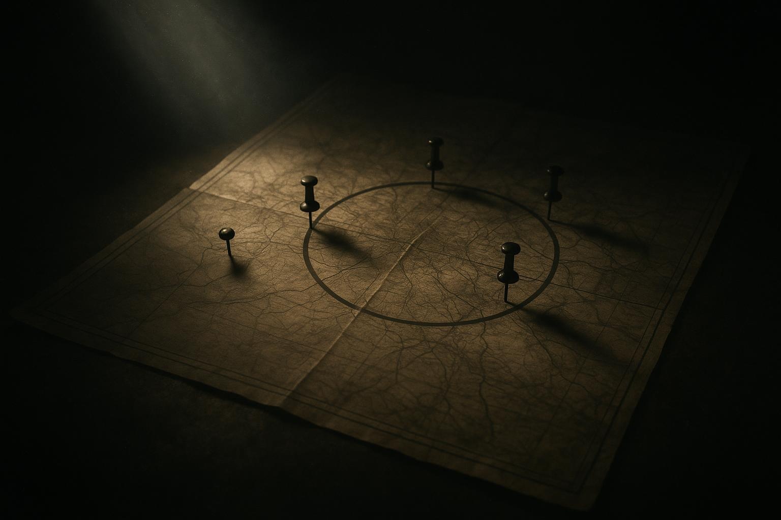 Club Curioso — Probamos lo improbable 18 Un haz cian de proyector ilumina una boya oxidada en agua, con anillos y líneas en vidrio, en un entorno de lugares secretos