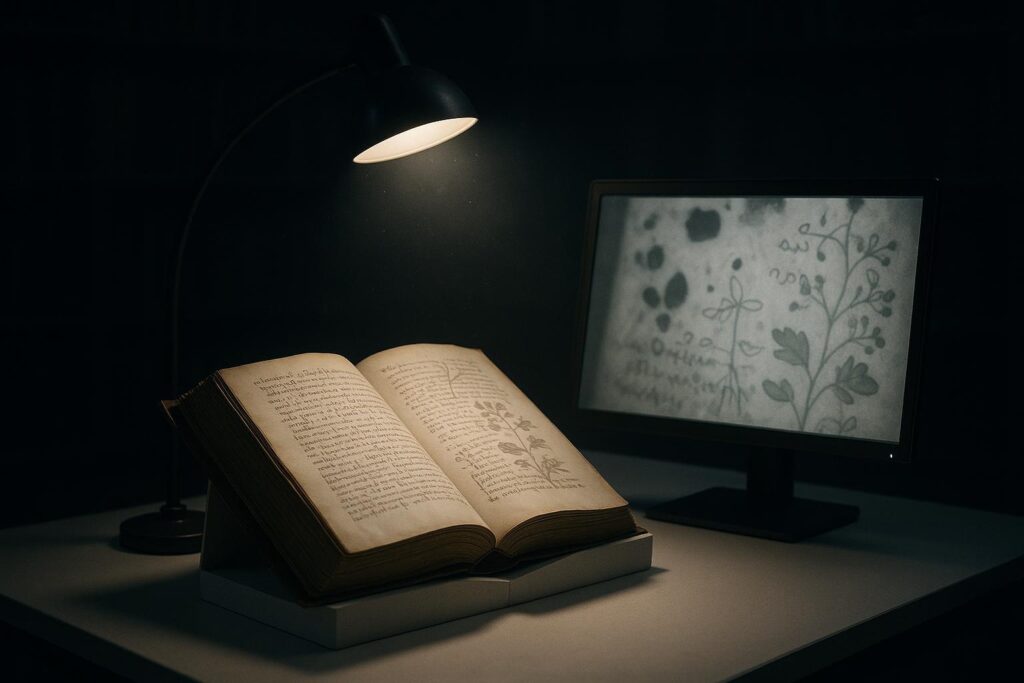 Manuscrito Voynich: qué se puede afirmar del códice sin traducción 8 El manuscrito voynich abierto sobre un soporte blanco bajo una lámpara, junto a un monitor iluminado en una mesa oscura.