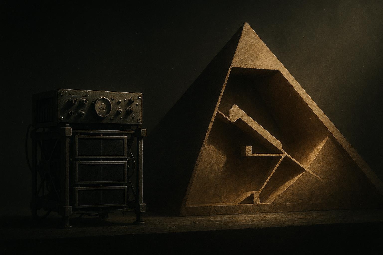 Misterios del Antiguo Egipto 1 Bloque de caliza en trineo de madera bajo lámpara, con plomada y bandeja de agua; misterios antiguo egipto en estudio oscuro