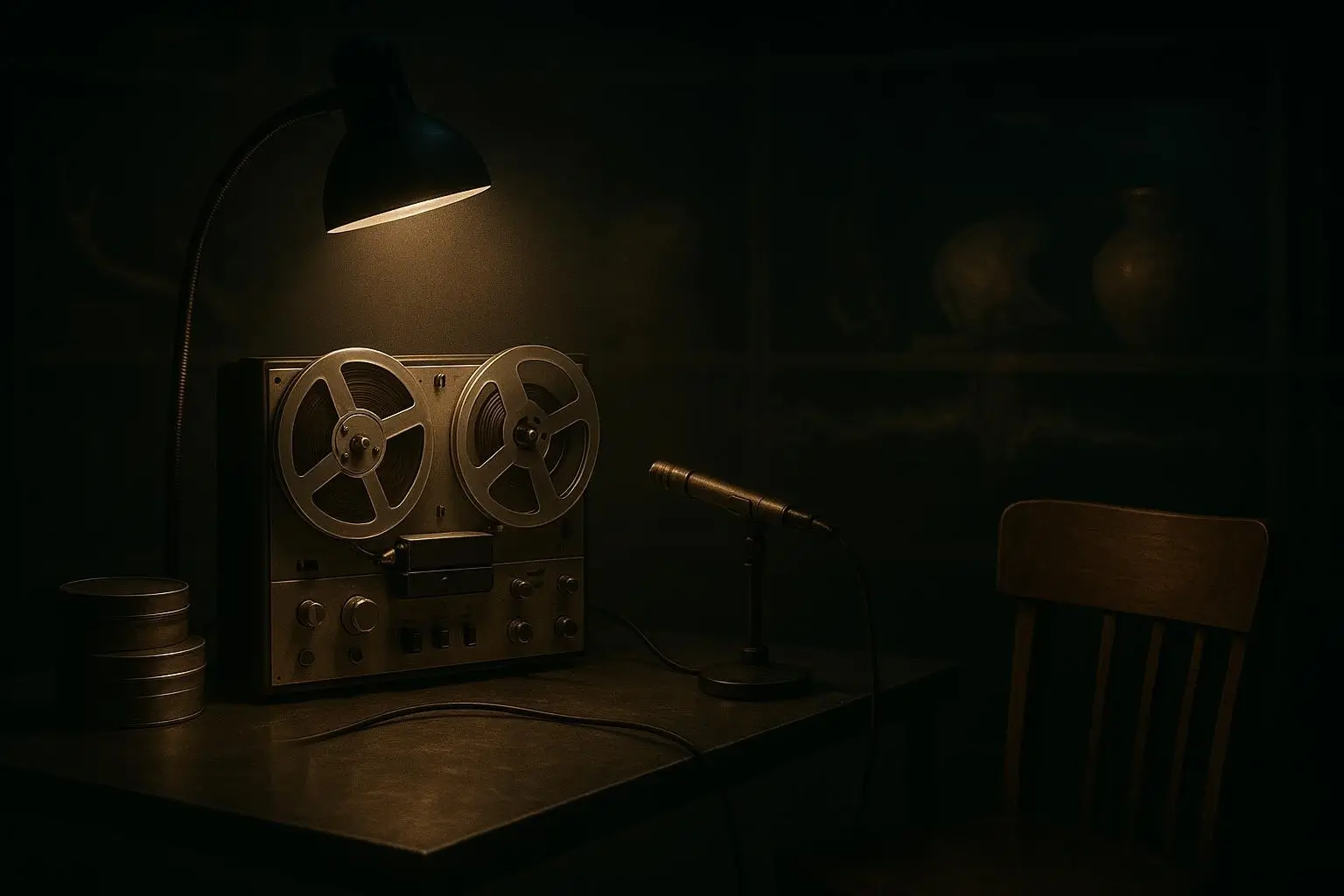 Club Curioso — Probamos lo improbable 15 Mitología y leyendas en grabador de carrete con micrófono; luz ámbar sobre metal cepillado y latas de cinta junto a una silla