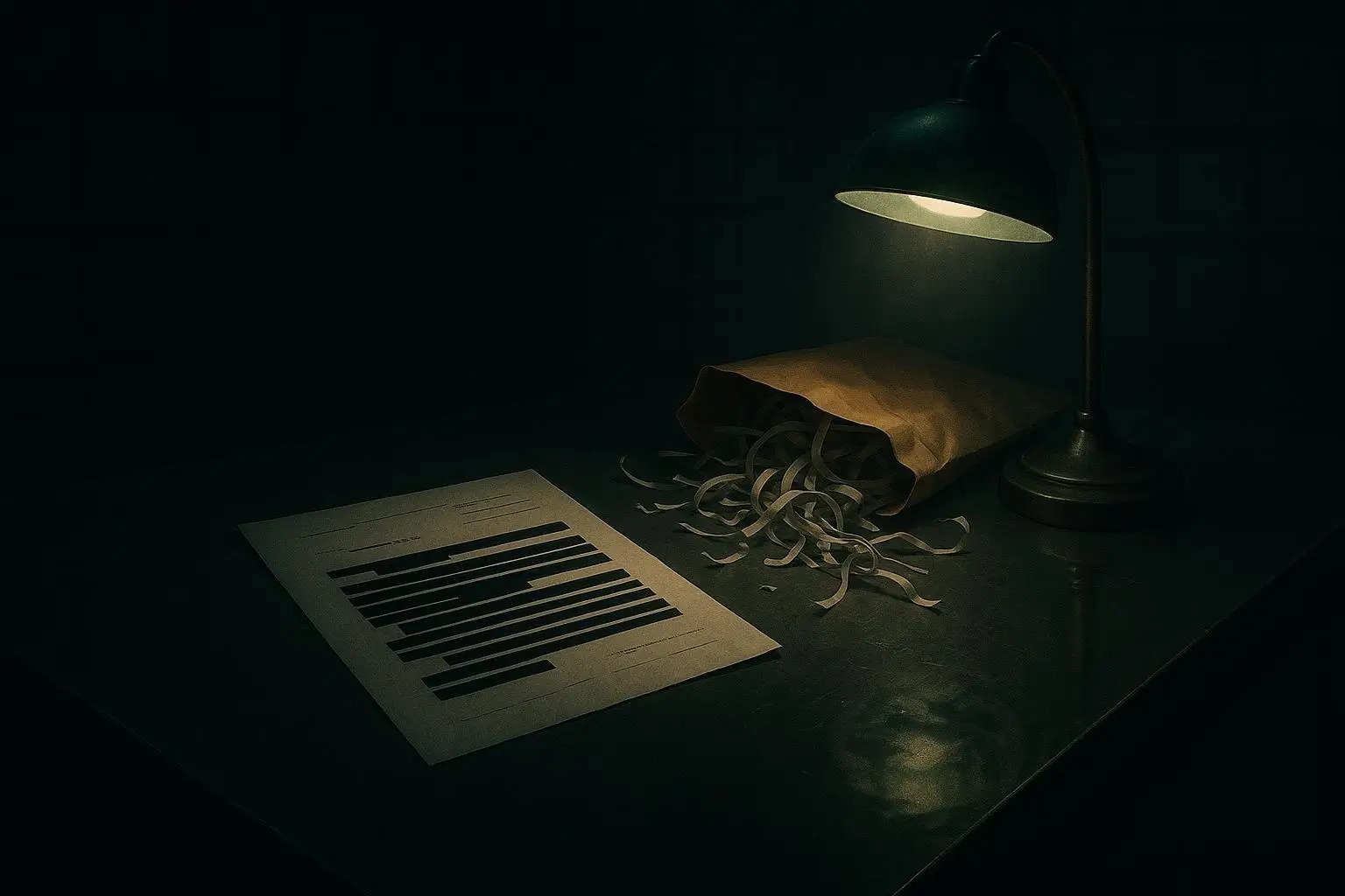 MKUltra: lo que los documentos prueban y lo que se destruyó 1 Mesa metálica oscura con lámpara verde, sobre abierto y documento mkultra con líneas negras