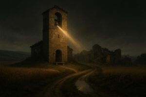 Ventana estrecha en sala oscura; afuera se ve torre de piedra. Polvo en el suelo y chapa suelta en ochate pueblo abandonado