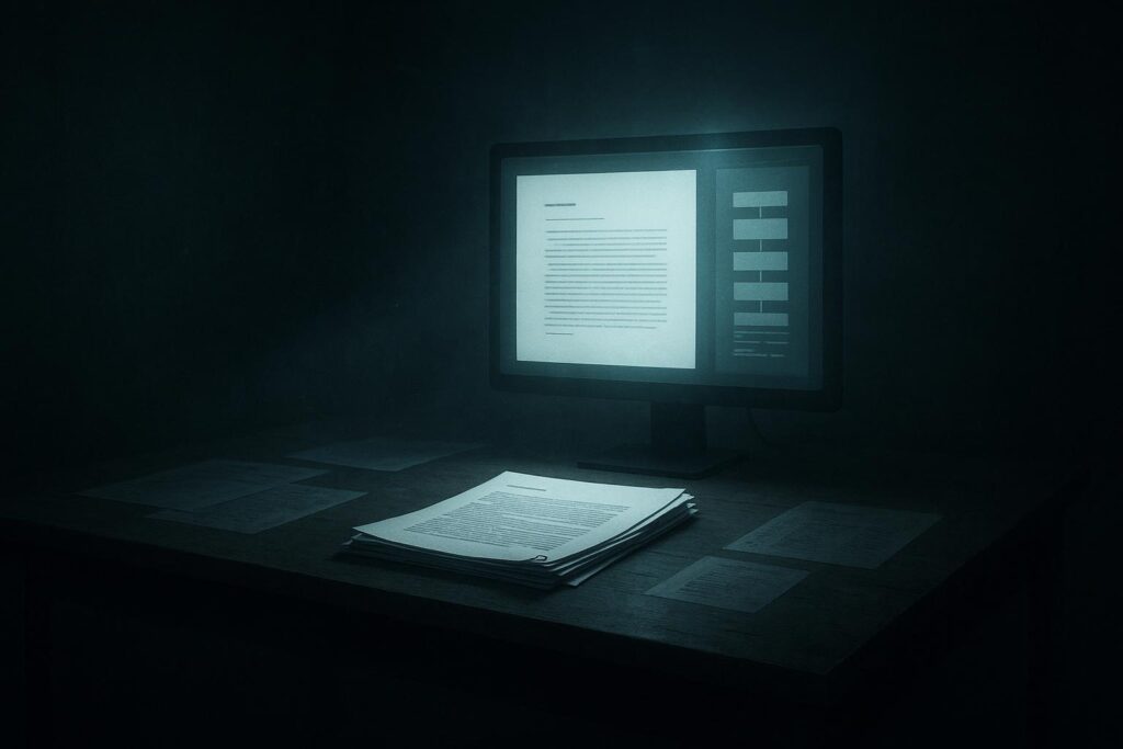 El origen de Bitcoin: el rastro de Satoshi en los documentos 3 Escritorio oscuro con monitor iluminado mostrando un documento y papeles impresos apilados frente a la pantalla sobre madera