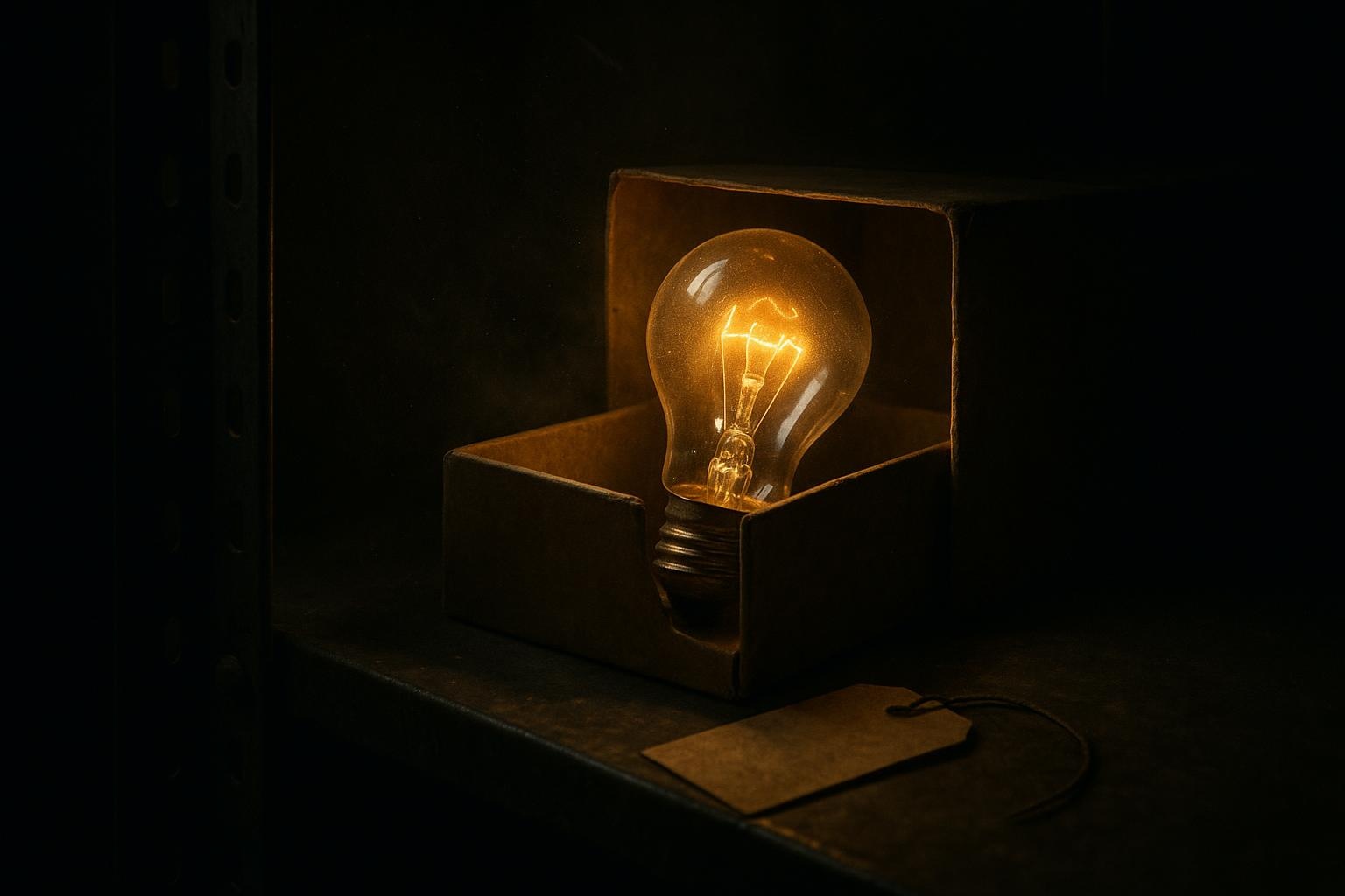 Tecnología Suprimida 1 Lámpara de inspección sobre mesa de vidrio con iris sellado; cajas cerradas al fondo, escena de tecnología suprimida