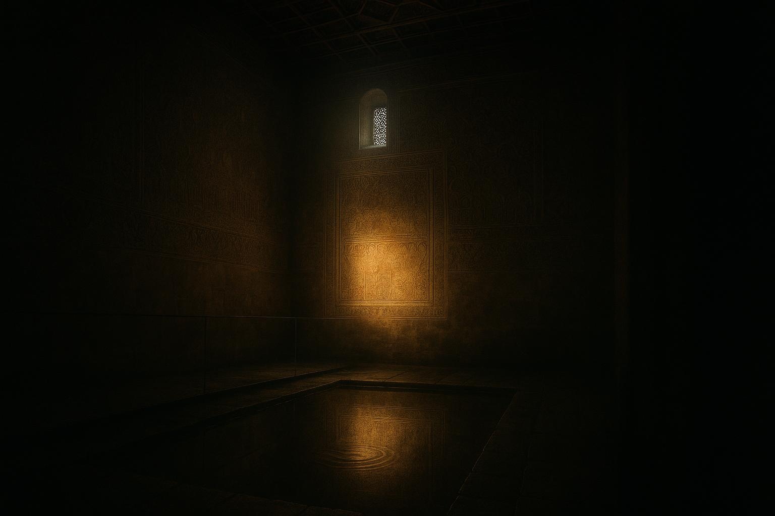 Club Curioso — Probamos lo improbable 10 Sala del siglo XIV con casetones; luz ámbar sobre friso, rectángulo encendido en el suelo, polvo en aire, toledo misterios