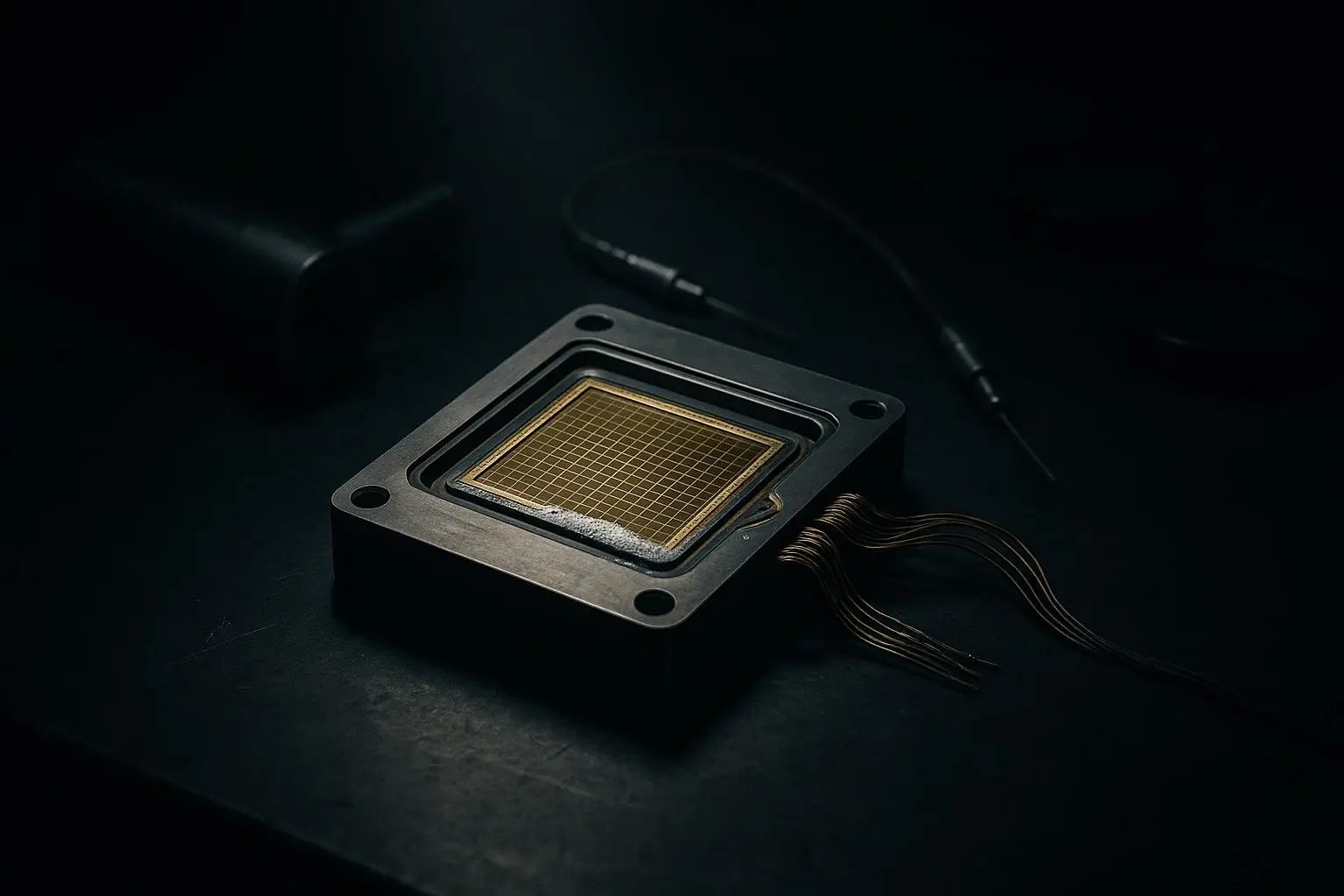 3I/ATLAS Módulo Metálico Con Superficie Cuadriculada Dorada Módulo oscuro con centro cuadriculado dorado 3I/ATLAS sobre fondo negro