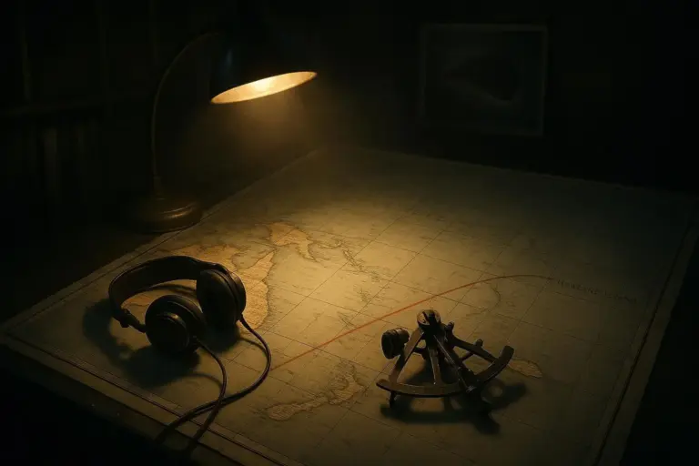 Amelia Earhart: de la versión oficial a la hipótesis Nikumaroro 3 Escritorio oscuro con mapa, auriculares y objeto metálico bajo lámpara amelia earhart