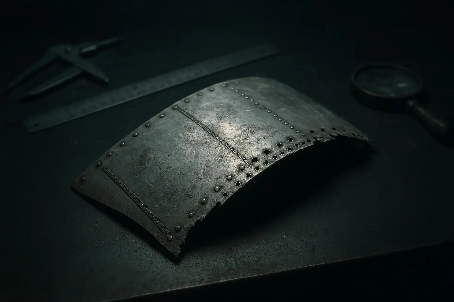 Amelia Earhart Fragmento Metálico Curvado Sobre Superficie Oscura Pieza metálica curvada con filas de remaches y orificios junto a herramientas, relacionada con amelia earhart