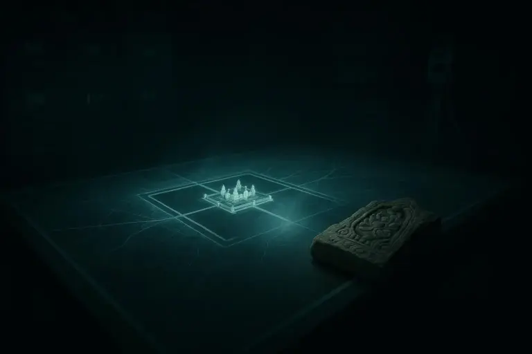 Angkor Wat: de ciudad perdida a megaciudad hidráulica en declive 8 Mesa oscura con angkor wat en forma de maqueta luminosa central