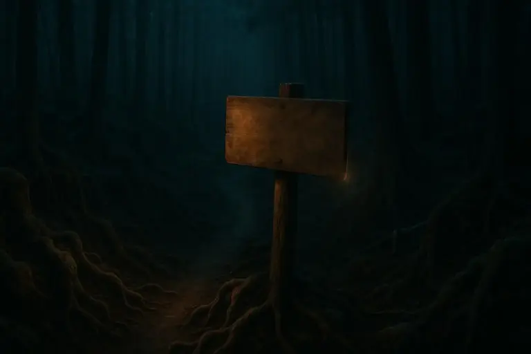 Aokigahara: bosque, suicidios y límites del archivo oficial 8 Cartel de madera en poste sobre un sendero oscuro en el aokigahara bosque