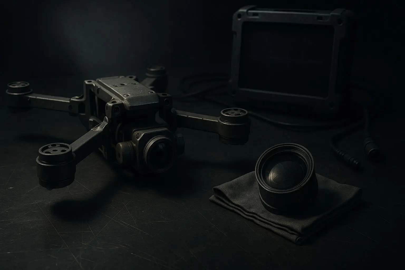 Aokigahara Bosque dispositivo plegable metálico y lente sobre mesa oscura Aokigahara bosque con estructura metálica plegable, lente y pantalla sobre superficie oscura