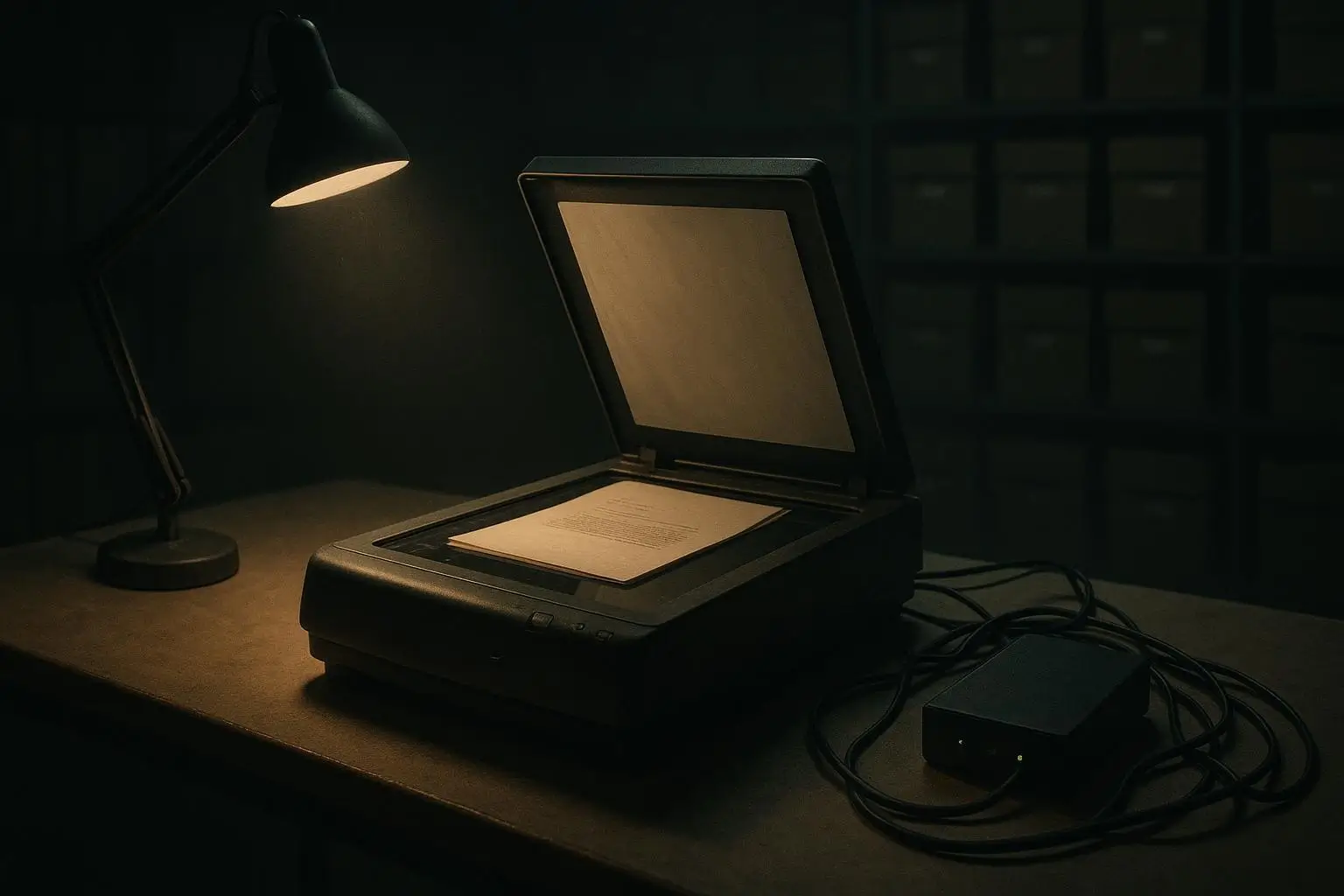 Archivos Secretos Del Vaticano Escáner Abierto En Mesa Oscura Escáner abierto con hojas sobre cristal junto a lámpara, archivos secretos del Vaticano