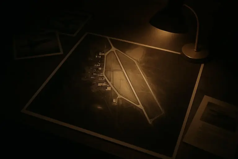 Area 51: de aviones espía en Groom Lake a la leyenda ovni 5 Plano aéreo central de area 51 sobre mesa con luz cálida