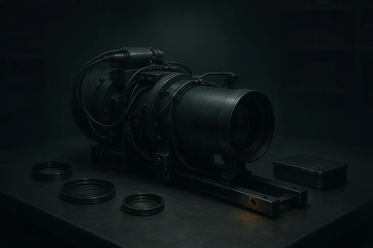 Area 51 Dispositivo Cilíndrico Metálico Oscuro Sobre Mesa Dispositivo cilíndrico metálico oscuro con cables en mesa, area 51