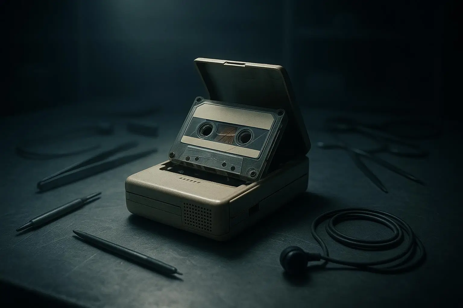 Asesinato Colosio Dispositivo Beige Con Casete Transparente Dispositivo beige abierto con casete transparente y asesinato colosio sobre mesa oscura