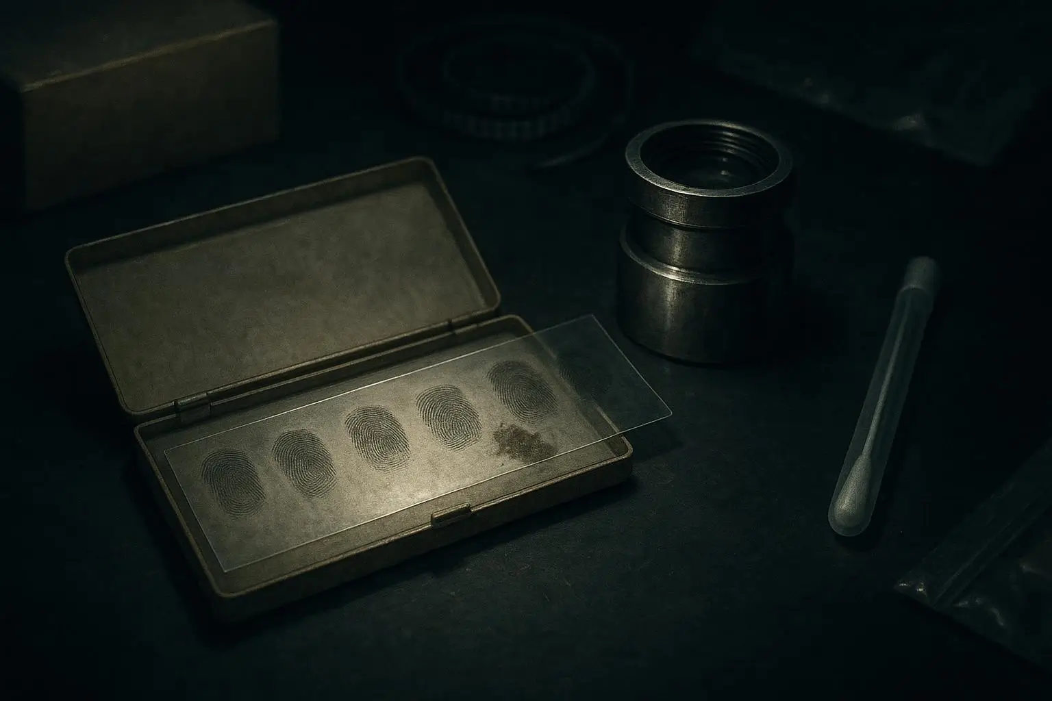 Asesino Del Zodiaco Caja Metálica Abierta Con Placa Transparente Superficie oscura con asesino del zodiaco caja metálica abierta y placa transparente con huellas