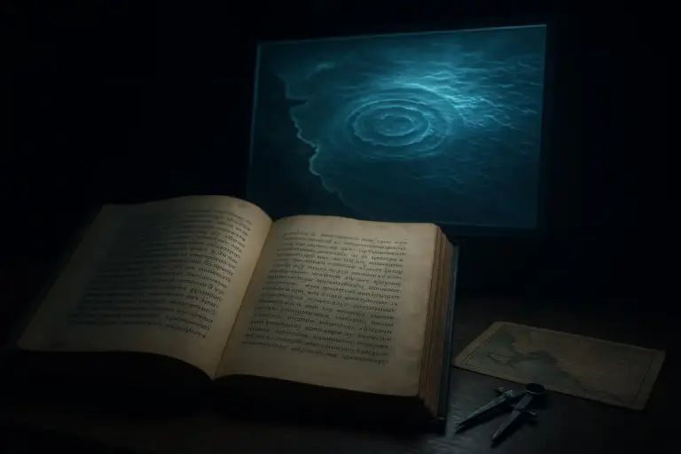 Atlántida: del relato de Platón a las ciudades hundidas reales 4 Libro abierto sobre una mesa oscura frente a una pantalla azul con atlantida al fondo