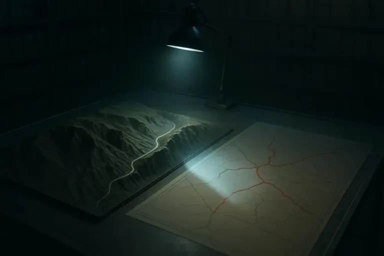 Carreteras peligrosas: de la siniestralidad real a la leyenda negra 2 Mesa oscura con carreteras peligrosas en maqueta de relieve y plano bajo lámpara