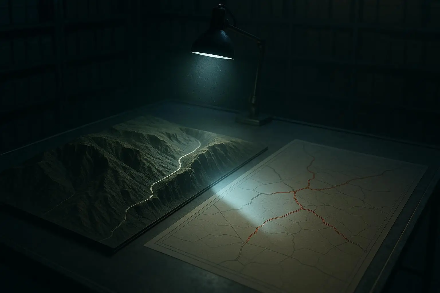 Carreteras peligrosas: de la siniestralidad real a la leyenda negra 1 Mesa oscura con carreteras peligrosas en maqueta de relieve y plano bajo lámpara