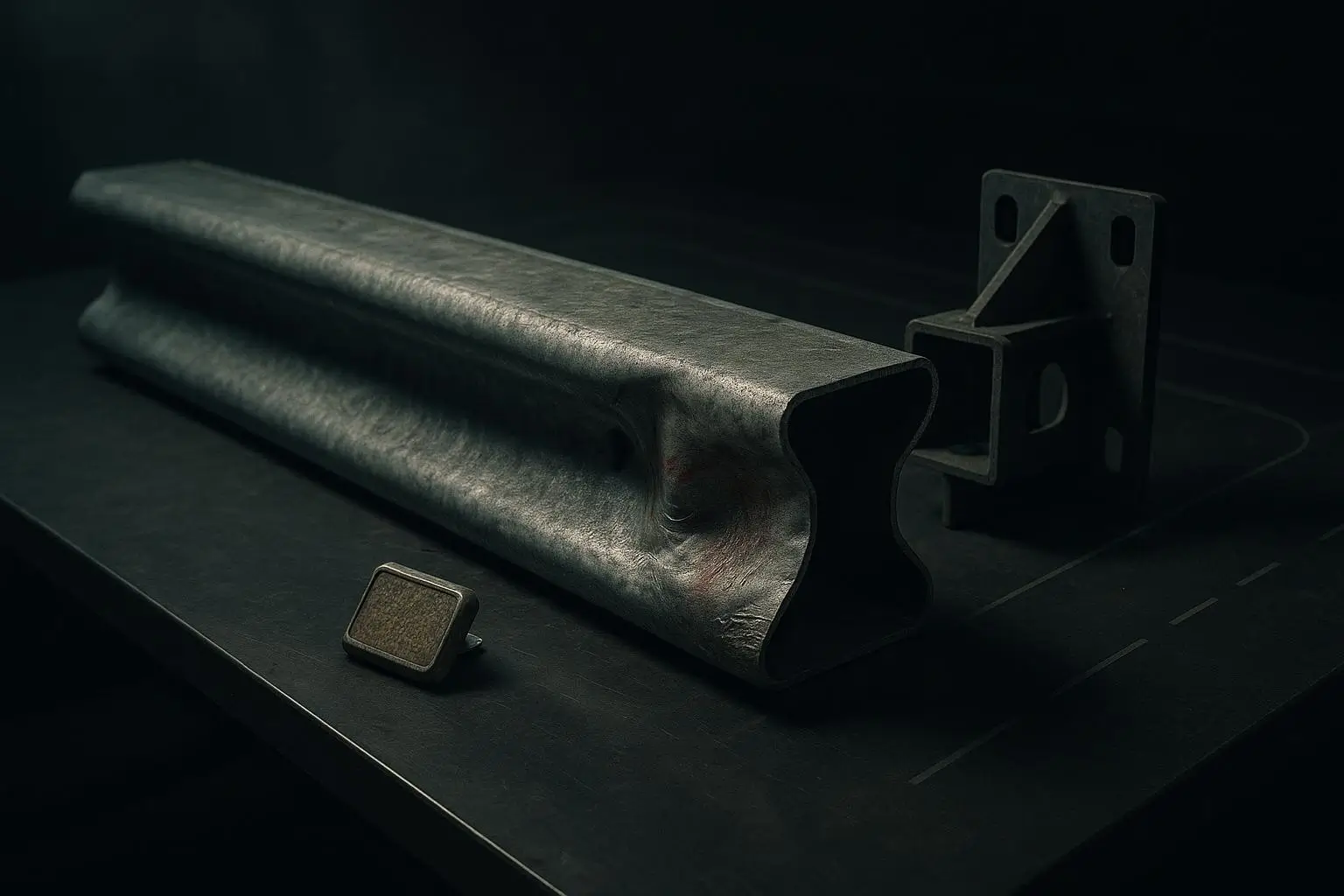 Carreteras Peligrosas pieza metálica gris sobre superficie oscura Estructuras metálicas grises sobre mesa oscura relacionadas con carreteras peligrosas