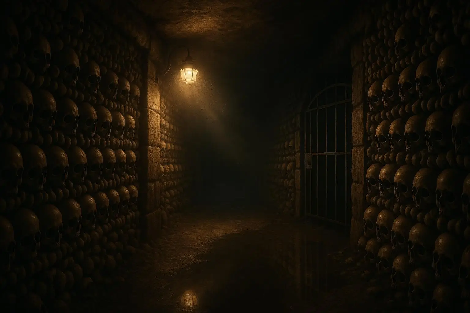 Catacumbas de París: de osario sanitario a túneles prohibidos 1 Pasillo subterráneo con paredes de calaveras iluminado en catacumbas de Paris