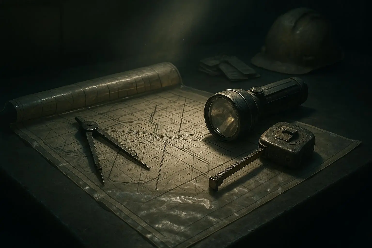 Catacumbas De Paris Mapa Transparente Con Herramientas Metálicas Superficie oscura con mapa transparente, compás, linterna y cinta métrica, catacumbas de Paris