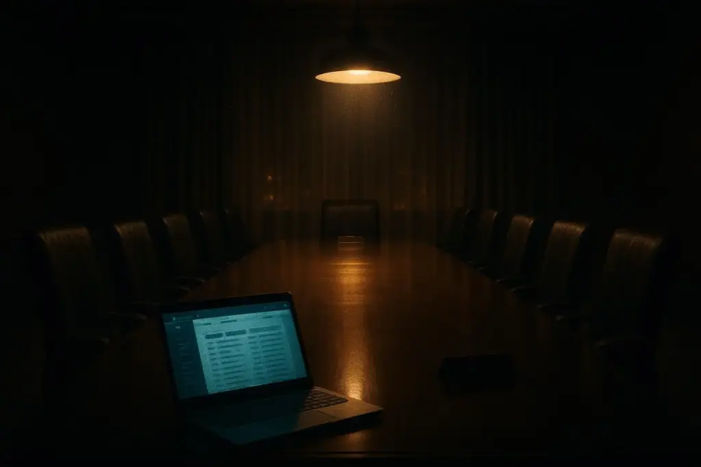 Sala alargada con mesa de madera, sillas y un portátil encendido de club bilderberg