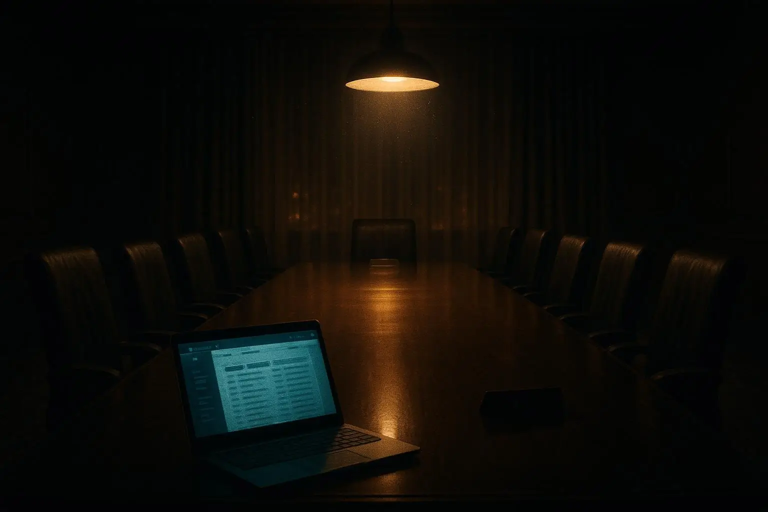 Club Bilderberg: de su origen en 1954 a las reuniones actuales 1 Sala alargada con mesa de madera, sillas y un portátil encendido de club bilderberg