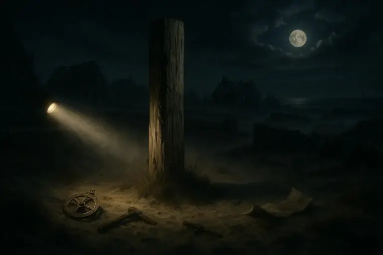 Colonia Roanoke: de la inscripción Croatoan al límite del archivo 5 Paisaje oscuro con colonia roanoke, poste de madera iluminado y luna llena al fondo