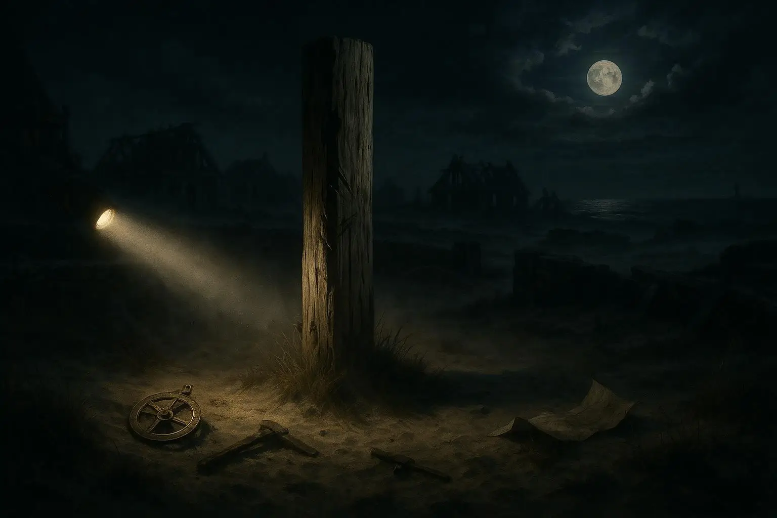 Colonia Roanoke: de la inscripción Croatoan al límite del archivo 1 Paisaje oscuro con colonia roanoke, poste de madera iluminado y luna llena al fondo