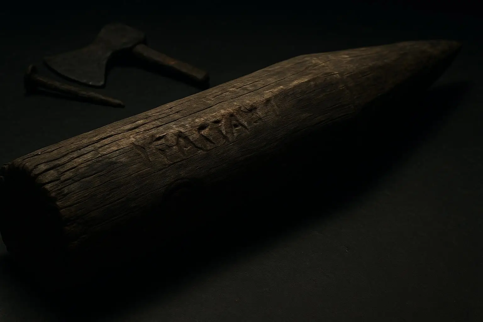 Colonia Roanoke Tronco De Madera Oscura Con Inscripción Objeto de madera oscura con inscripción y herramientas metálicas colonia roanoke