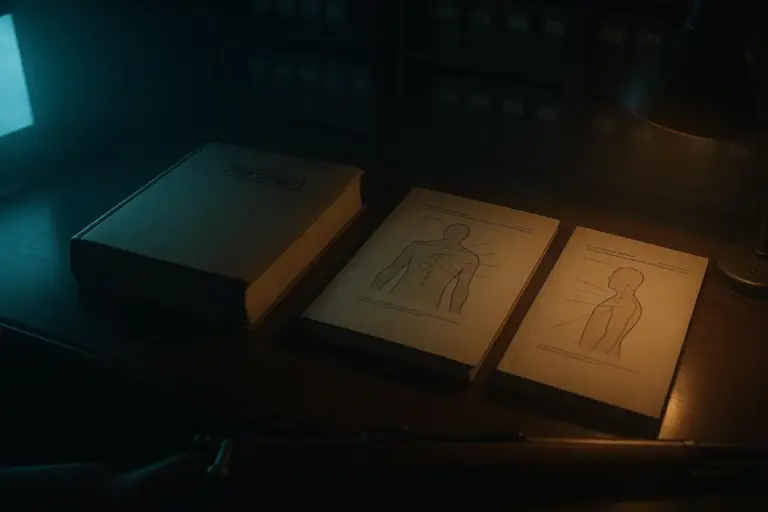 Comisión Warren: del informe oficial a la conspiración probable 3 Mesa oscura con carpeta comision warren y cuadernos con siluetas humanas