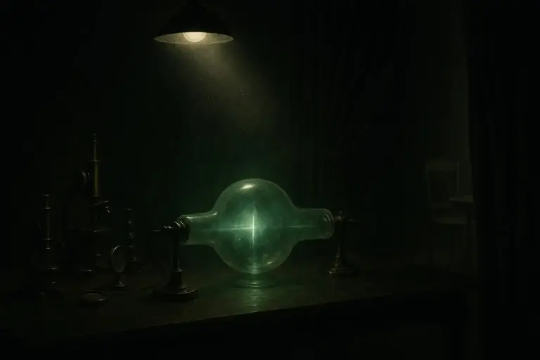 Crookes y el espiritismo: de la física a la médium Florence Cook 3 Tubo de vidrio iluminado en el centro de una mesa oscura, relacionado con crookes espiritismo