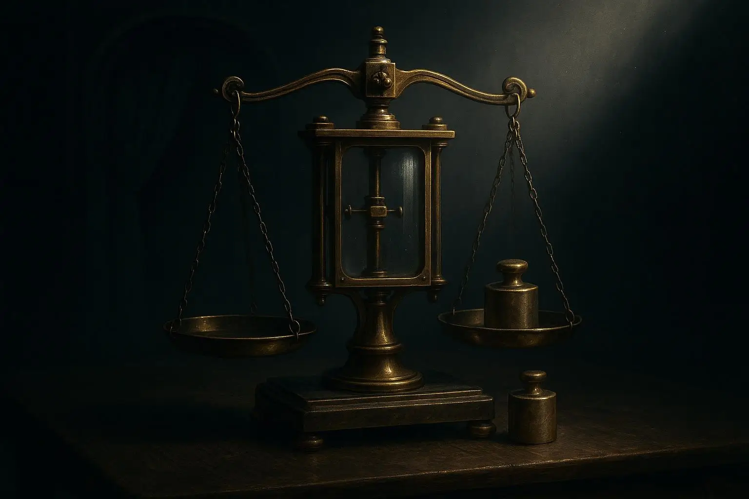 Crookes Espiritismo Balanza Metálica Antigua Sobre Superficie Oscura Balanza metálica simétrica con pesas junto a ella, iluminada, crookes espiritismo