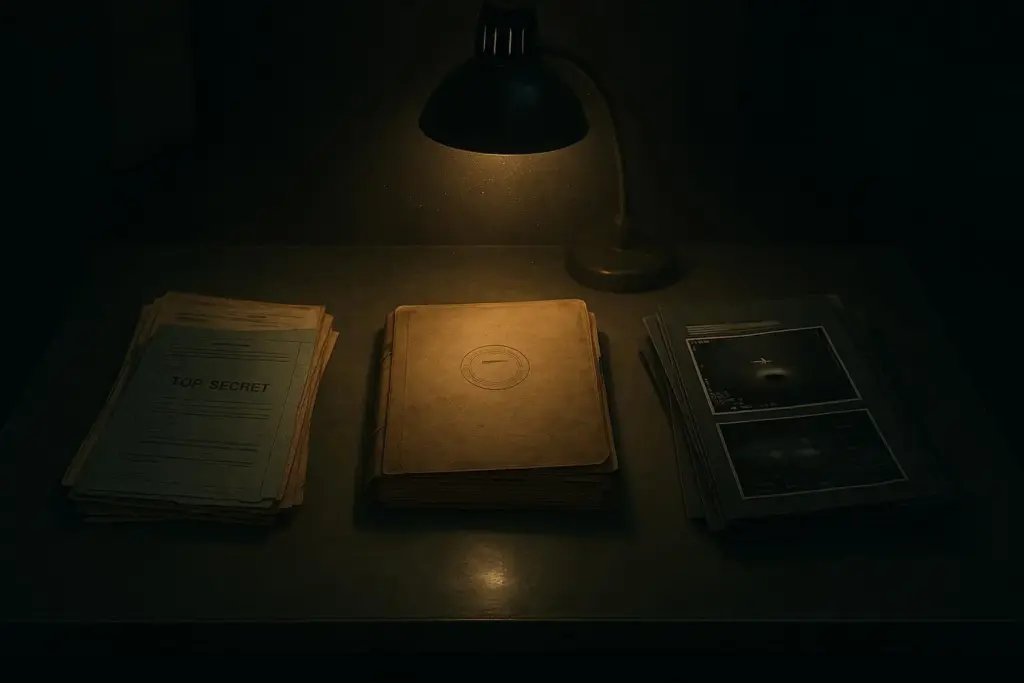 Expedientes OVNI militares: de Blue Book a AATIP y AARO 4 Mesa con expedientes ovni militares apilados bajo una lámpara encendida