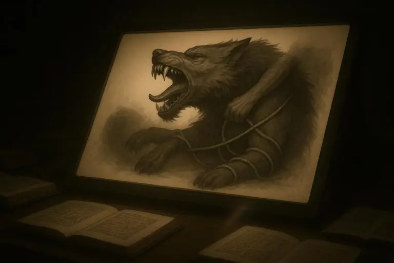 Fenrir: de la atadura de Gleipnir a la muerte de Odín 8 Ilustración de fenrir con forma de lobo atado por cuerdas sobre un atril