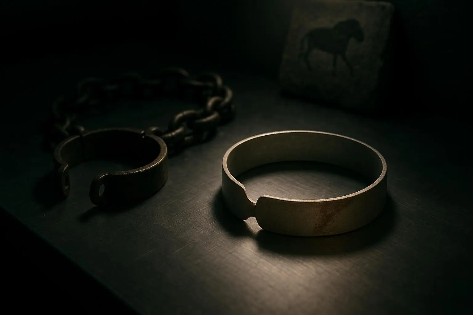 Fenrir Brazaletes Metálicos Oscuros Sobre Superficie Lisa Dos aros metálicos sobre superficie oscura junto a placa con silueta de animal, fenrir