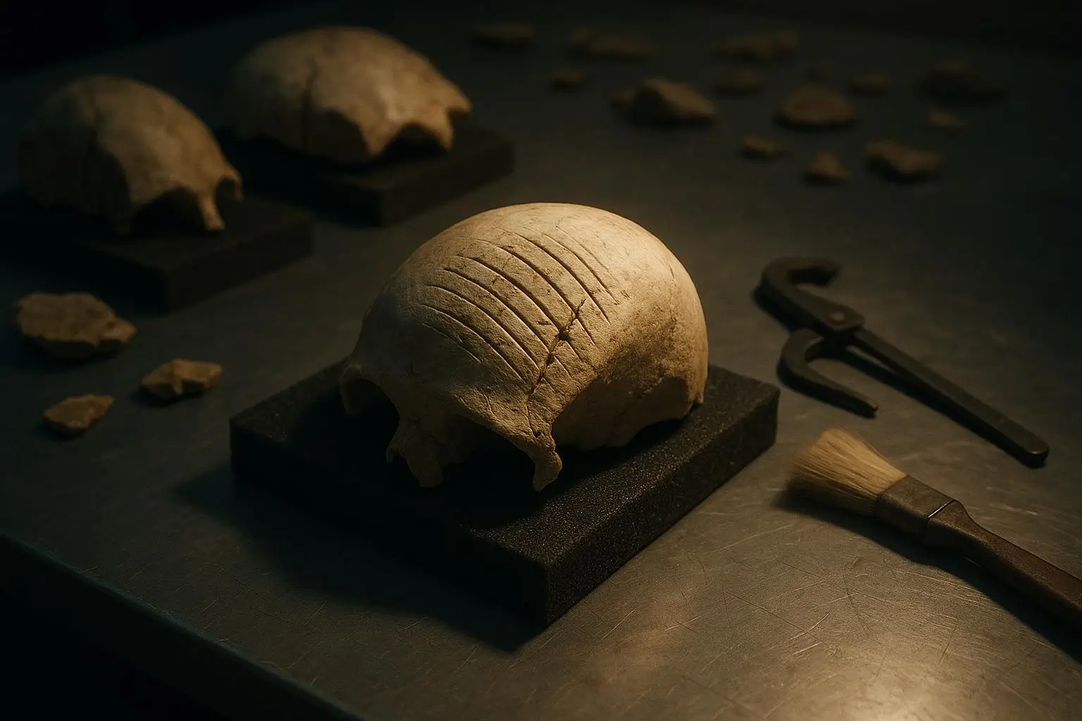 Gobekli Tepe Fragmento Óseo Con Marcas Lineales Sobre Mesa Oscura Fragmento óseo curvo con surcos paralelos en una mesa, gobekli tepe