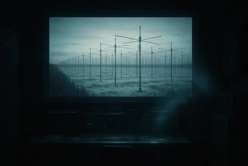 HAARP Alaska: de arma climática a laboratorio ionosférico 6 Sala oscura con consola y gran pantalla mostrando campo de torres metálicas haarp alaska
