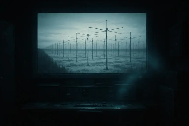 HAARP Alaska: de arma climática a laboratorio ionosférico 5 Sala oscura con consola y gran pantalla mostrando campo de torres metálicas haarp alaska