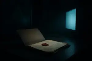 Carpeta abierta con hojas y sello rojo junto a monitor encendido, illuminati