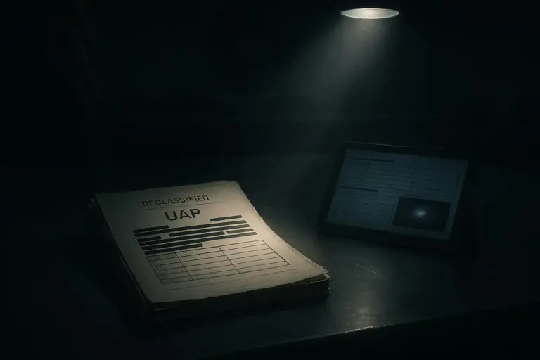 Informes Pentágono UAP desclasificados: lo que el archivo deja ver 3 Carpeta con la portada UAP junto a una tableta bajo luz tenue, informes pentagon uap desclasificados