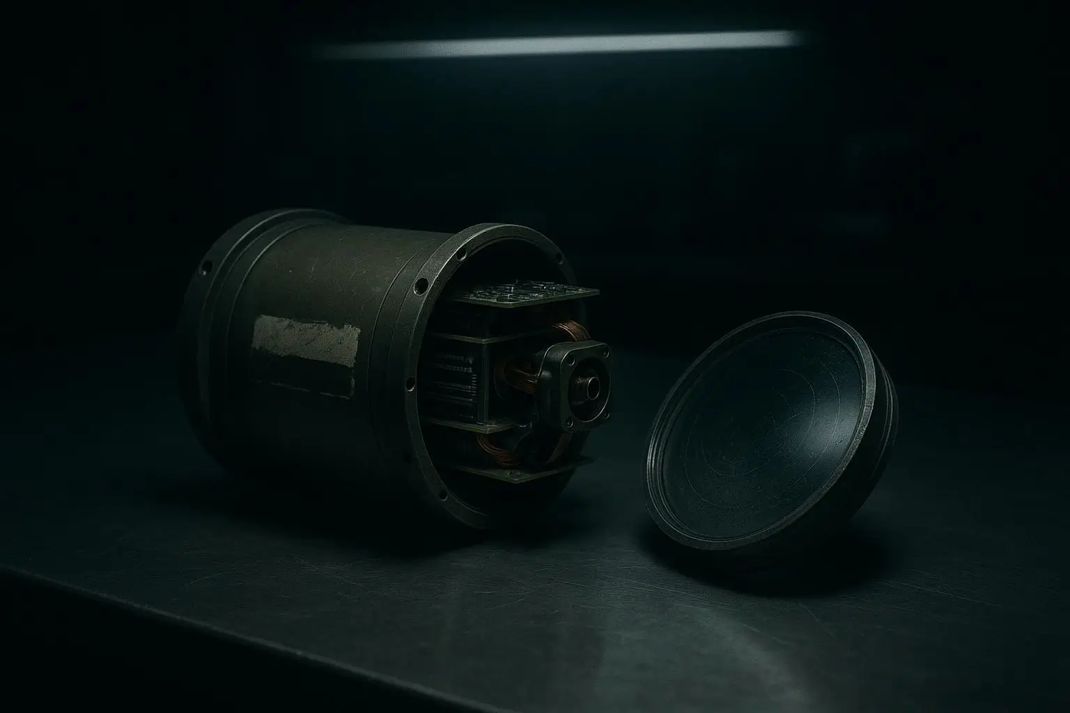 Informes Pentagon Uap Desclasificados Cilindro Metálico Abierto En Mesa Oscura Cilindro metálico abierto con interior visible sobre mesa, informes pentagon uap desclasificados