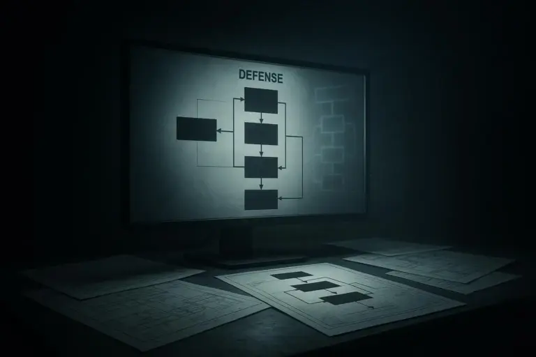 Inventos confiscados: de las patentes secretas a la leyenda 7 Escritorio oscuro con monitor que muestra diagrama y papeles, inventos confiscados